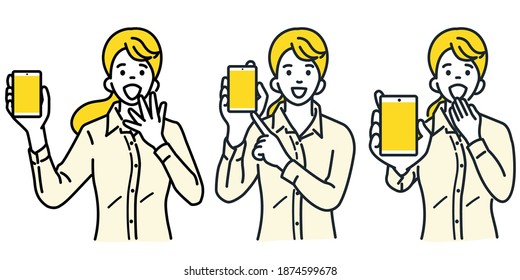 Cute character of young pretty woman holding and showing smartphone, pointing to the screen with surprised and excited expression. Outline, linear, thin line art, hand drawn sketch, simple style.