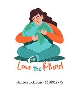 Cute character of young woman which hugging the planet in hipster cartoon style with textures and phrase "Love the Planet". Modern vector doodle illustration. Eco friendly, save the planet, earth day.