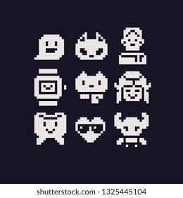 Cute characters abstract 1-bit stickers tooth, heart, cat, watch and man pixel art web icons set, sticker design pack. Design for logo, stamp, web, app, badges and patches. Isolated vector.