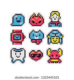 Cute characters abstract 8-bit stickers pixel art web icons set, sticker design pack. Tooth, heart, cat, watch and man. Design for logo, stamp, web, app, badges and patches. Isolated vector.