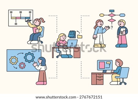 Cute characters are analyzing data and working at the company.
