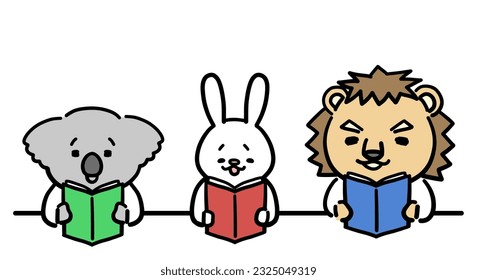 Cute characters of animals reading books.