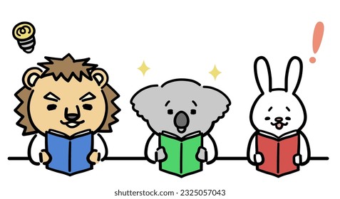 Cute characters of animals reading books.