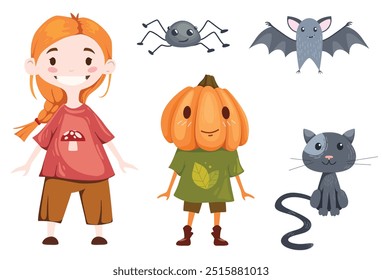 Personajes lindos - hombre de la calabaza del otoño, muchacha del jardinero, gato negro, murciélago y pequeña araña. Conjunto de ilustración de Halloween de otoño - personajes para niños, disfraces