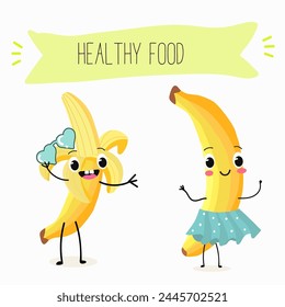Cute characters bananas, funny fruits, with different activities. Flat vector illustration. Organic food, healthy food, illustrations for kids menu, invitations.