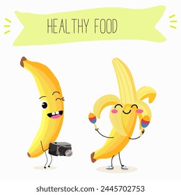 Cute characters bananas, funny fruits, with different activities. Flat vector illustration. Organic food, healthy food, illustrations for kids menu, invitations.