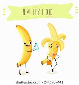 Cute characters bananas, funny fruits, with different activities. Flat vector illustration. Organic food, healthy food, illustrations for kids menu, invitations.