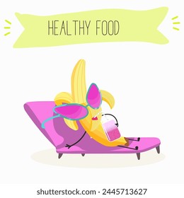 Cute characters bananas, funny fruits, with different activities. Flat vector illustration. Organic food, healthy food, illustrations for kids menu, invitations.