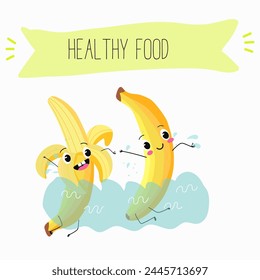 Cute characters bananas, funny fruits, with different activities. Flat vector illustration. Organic food, healthy food, illustrations for kids menu, invitations.