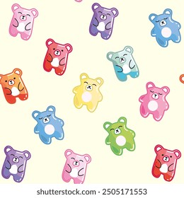 Cute characters Bears, Gummy bear seamless pattern. Sweet jelly candy texture. Colorful vector illustration