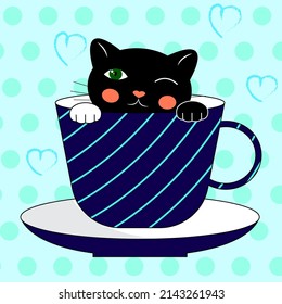 Personajes cortos gato negro en una taza de café. Caricatura al estilo doodle. Ilustración del vector