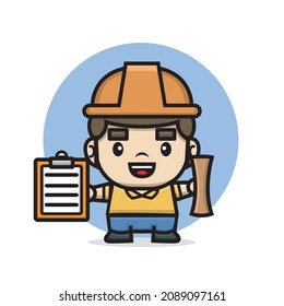 Cute characters builder holding clipboard and blueprint