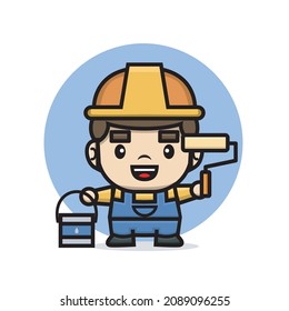 Cute characters builder man holding paint roller