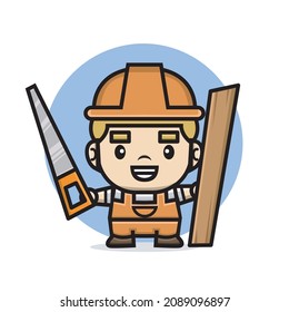 Cute characters builder man holding saw and wooden board