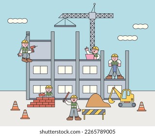 Cute characters are building. They are laying bricks and using a drill. A worker is holding a light stick and controlling it.