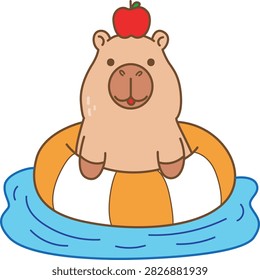 Cute characters of capybara floating in the swimming pool with tire and Apple on it head