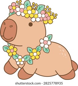 Cute characters of capybara flowers theme wearing a crown and necklace of flowers