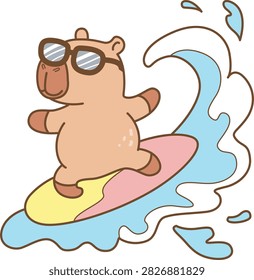 Cute characters of capybara playing surfing in the sea