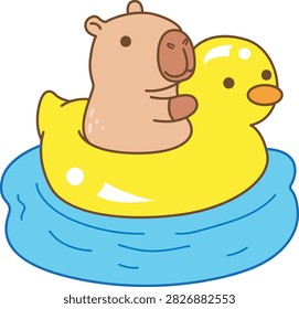 Cute characters of capybara swimming with duck tire in the pond