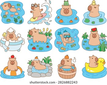 Cute characters of capybara in the variation of water theme