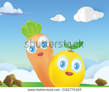 Cute characters of carrot and orange cartoon vector illustration. 
