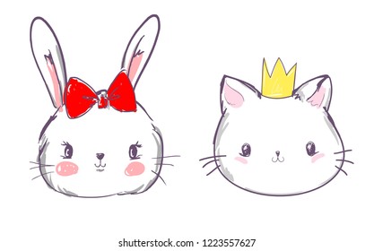 Cute characters cat in a crown and a hare with a bow. Design print for t-shirt