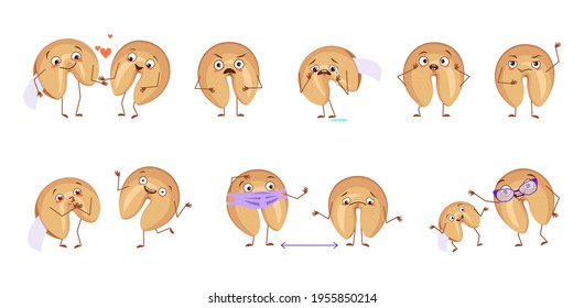 Cute characters chinese fortune cookies with emotions, faces, hands and feet. Happy or sad characters, baked goods with white templates, good luck papers. Festive sweets. Vector flat illustration