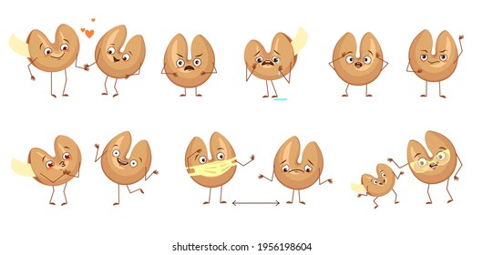 Cute characters chinese fortune cookies with emotions, faces, hands and feet. Happy or sad characters, baked goods with white templates, good luck papers. Set of festive sweets. 