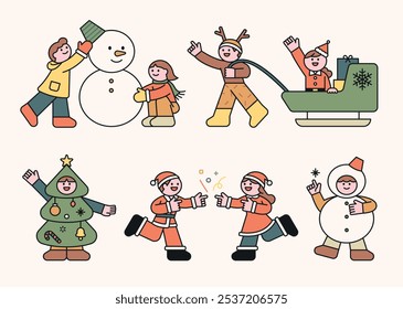 Cute characters in Christmas costumes. outline simple vector illustration.