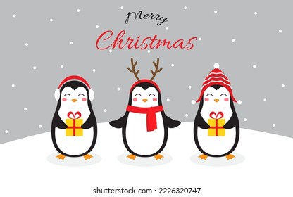 Cute characters Christmas penguins on a snowy background. Christmas greeting card. Vector illustration in doodle style