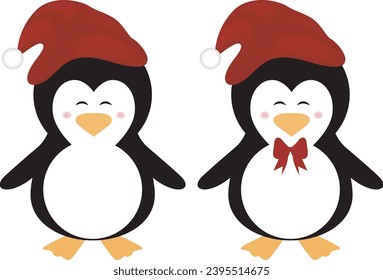 Cute characters Christmas penguins vector art with tie nd cap