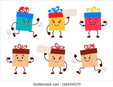 Cute characters of colorful gift boxes with ribbons and bows. Set. Vector illustration. For advertising, banners, advertising, design.