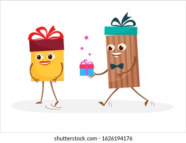 Cute characters of colorful gift boxes with ribbons and bows. Love, attention.Vector illustration. For advertising, banners, advertising, design.