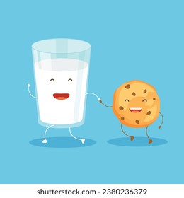 Caracteres de galleta y un vaso de leche. Mejor concepto conjunto. Amigos para siempre. Ilustración vectorial en un estilo de caricatura.