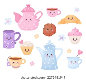 Cute characters cup, teapots, croissant, muffin and cookies. Vector illustration. Isolated funny cartoon food and dishes for kids collection, design, decor, decoration and cards