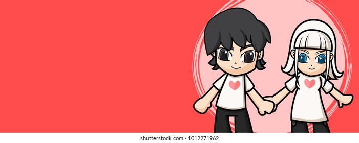 cute characters design lover for valentines day sweetheart concept in pastel color with vector line art on circle pink background,illustration husband and wife with noodle art in size 851x315 pixels