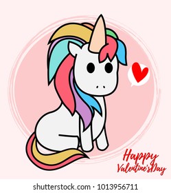 cute characters design lover for valentines day Unicorn concept in pastel color with vector line art on circle pink background,illustration husband and wife with noodle art is happiness. 