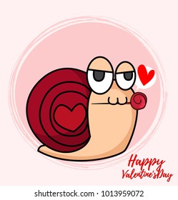 cute characters design lover for valentines day Snail concept in pastel color with vector line art on circle pink background,illustration husband and wife with noodle art is happiness. 