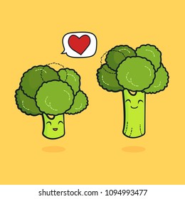 cute characters design lover for valentines day broccoli concept with vector line art, illustration husband and wife with noodle art is happiness