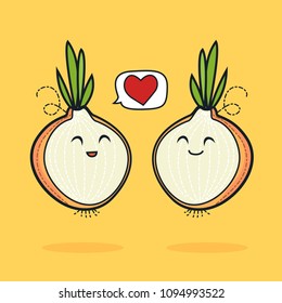 cute characters design lover for valentines day onion concept with vector line art, illustration husband and wife with noodle art is happiness, spicy love