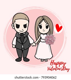 cute characters design lover for valentines day sweetheart concept in pastel color with vector line art on circle pink background,illustration  husband and wife with noodle art is happiness. 
