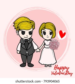 cute characters design lover for valentines day sweetheart concept in pastel color with vector line art on circle pink background