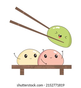 Cute characters dessert mochi. Design for your business, logo, mascot. Cartoon clipart. Traditional Japanese cuisine.  Vector flat illustration on an isolated background.