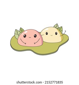Cute characters dessert mochi. Design for your business, logo, mascot. Cartoon clipart. Traditional Japanese cuisine.  Vector flat illustration on an isolated background.