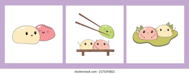 Cute characters dessert mochi. Design logo, mascot. Cartoon clipart for postcard, menu. Kawaii food. Traditional Japanese cuisine.  Vector flat illustration on an isolated background. 