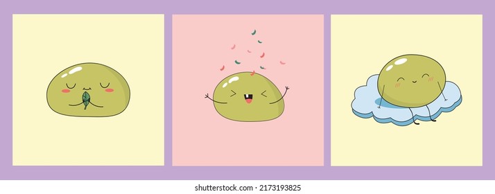 Kleine Charaktere dessert mochi. Design-Logo, Maskottchen. Cartoon Clip-Art für Postkarte, Menü. Kawaii Essen. Traditionelle japanische Küche.  Vektorgrafik auf isoliertem Hintergrund. 