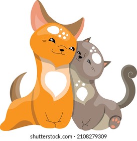 Personajes adorables perro y gato. Animales domésticos divertidos. Objeto aislado en fondo blanco.