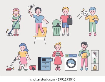 Cute characters doing house cleaning. flat design style minimal vector illustration.