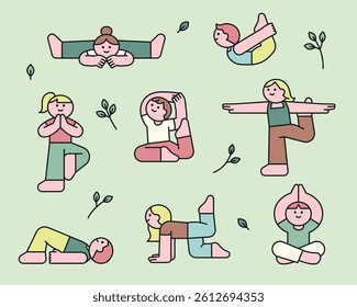 Cute characters doing various yoga poses. Flat wellness illustration with peaceful vibe and mindfulness exercise for a healthy lifestyle.