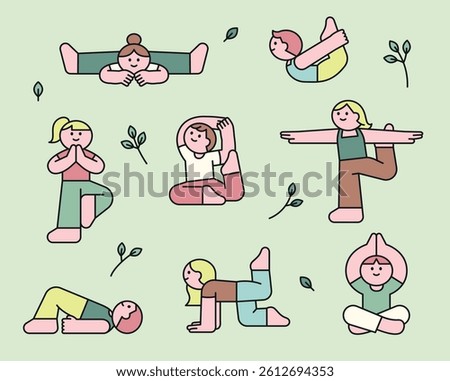 Cute characters doing various yoga poses. Flat wellness illustration with peaceful vibe and mindfulness exercise for a healthy lifestyle.